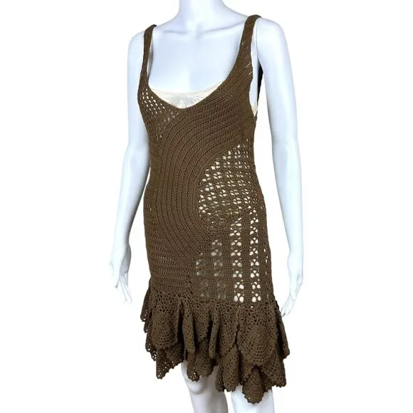 Just Cavalli Brown Crochet Midi Dress w/ Metallic Slip - oldplutox.com
